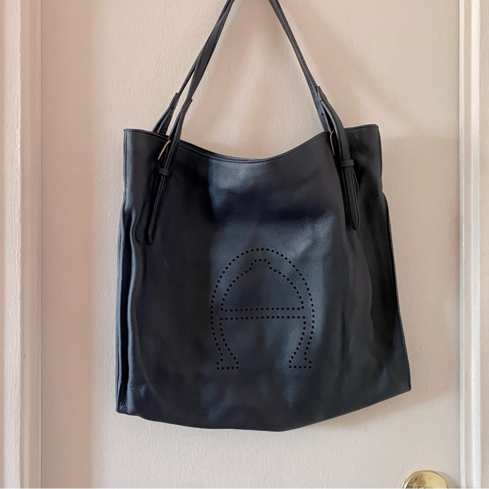 Etienne Agnier Black Leather Shoulder Tote Bag with Perforated “A” Logo Design